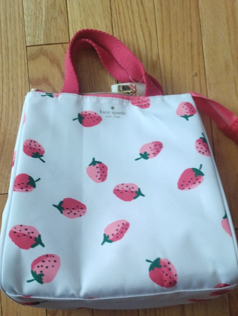 kate spade White Strawberry Print Tote with Pink Handles